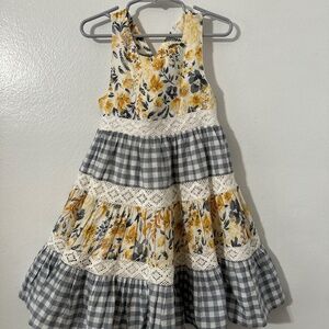 Cathrine Malandrino Girl’s Yellow Floral Grey Gingham Lace Accents Spring Dress